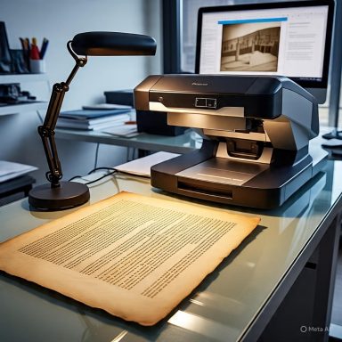 Escáner y lámpara sobre un escritorio con un documento antiguo iluminado.